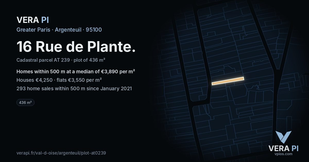 16 Rue de Plante, Argenteuil at night – the plot lit, the parcels around coloured by the prices near them