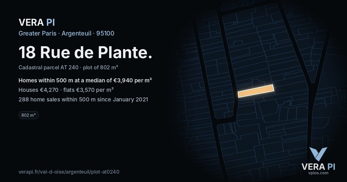 18 Rue de Plante, Argenteuil at night – the plot lit, the parcels around coloured by the prices near them