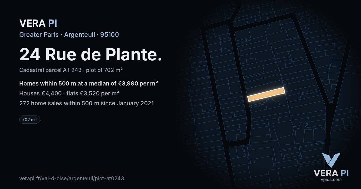 24 Rue de Plante, Argenteuil at night – the plot lit, the parcels around coloured by the prices near them