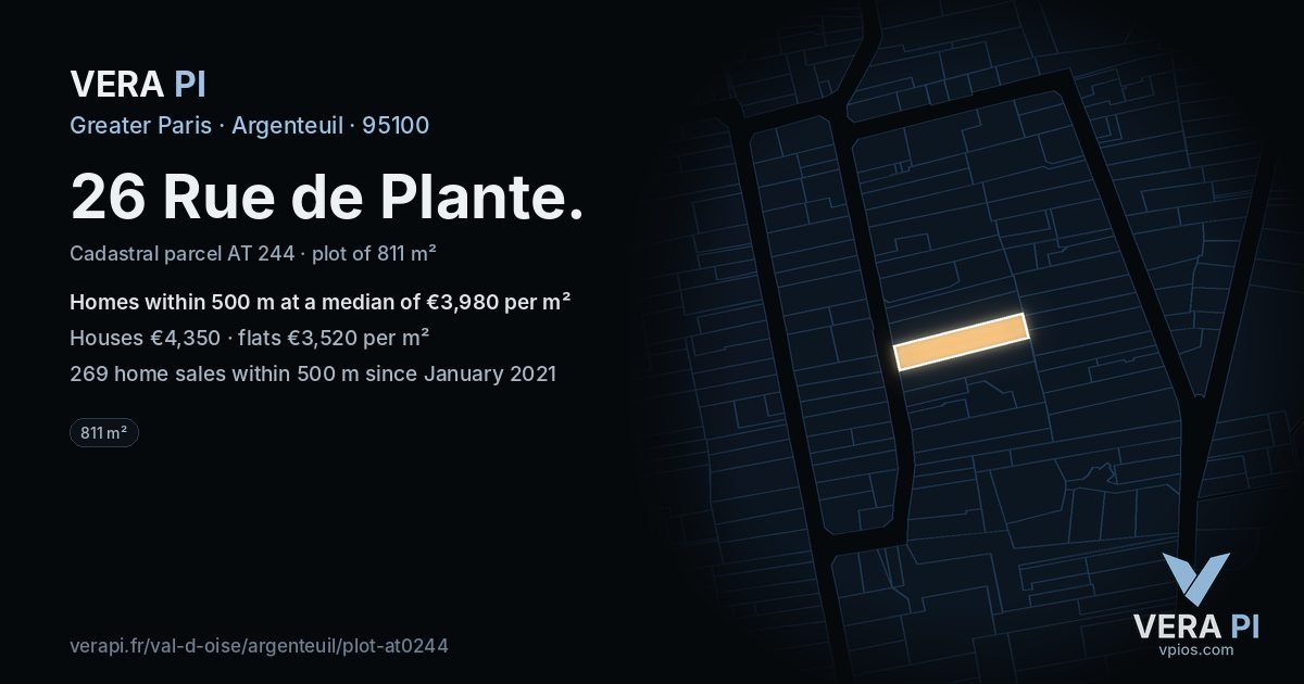 26 Rue de Plante, Argenteuil at night – the plot lit, the parcels around coloured by the prices near them