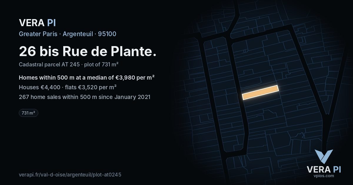 26 bis Rue de Plante, Argenteuil at night – the plot lit, the parcels around coloured by the prices near them