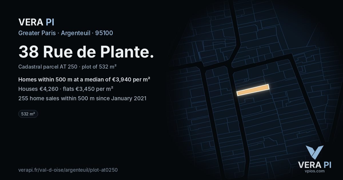 38 Rue de Plante, Argenteuil at night – the plot lit, the parcels around coloured by the prices near them