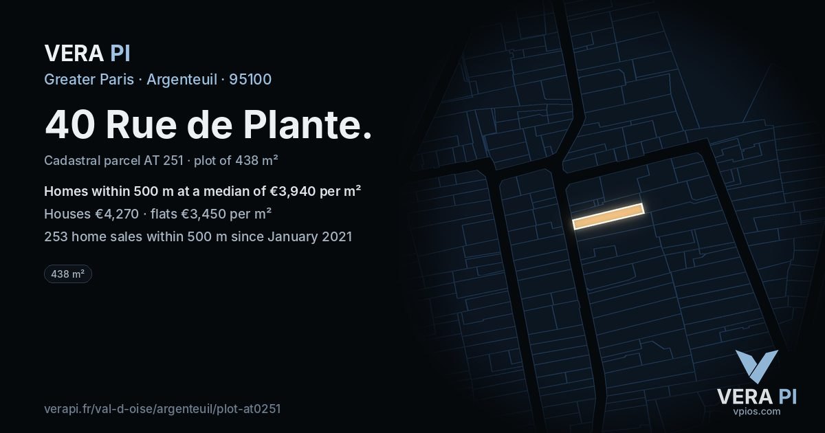 40 Rue de Plante, Argenteuil at night – the plot lit, the parcels around coloured by the prices near them