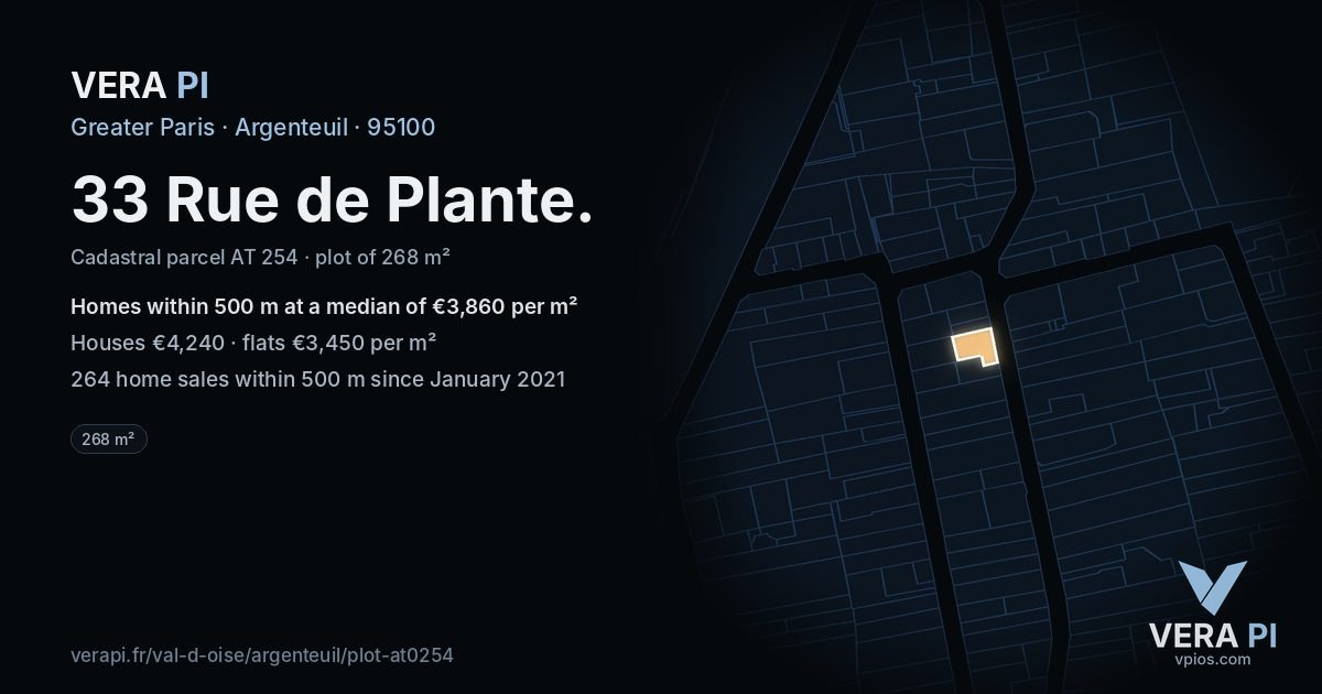 33 Rue de Plante, Argenteuil at night – the plot lit, the parcels around coloured by the prices near them