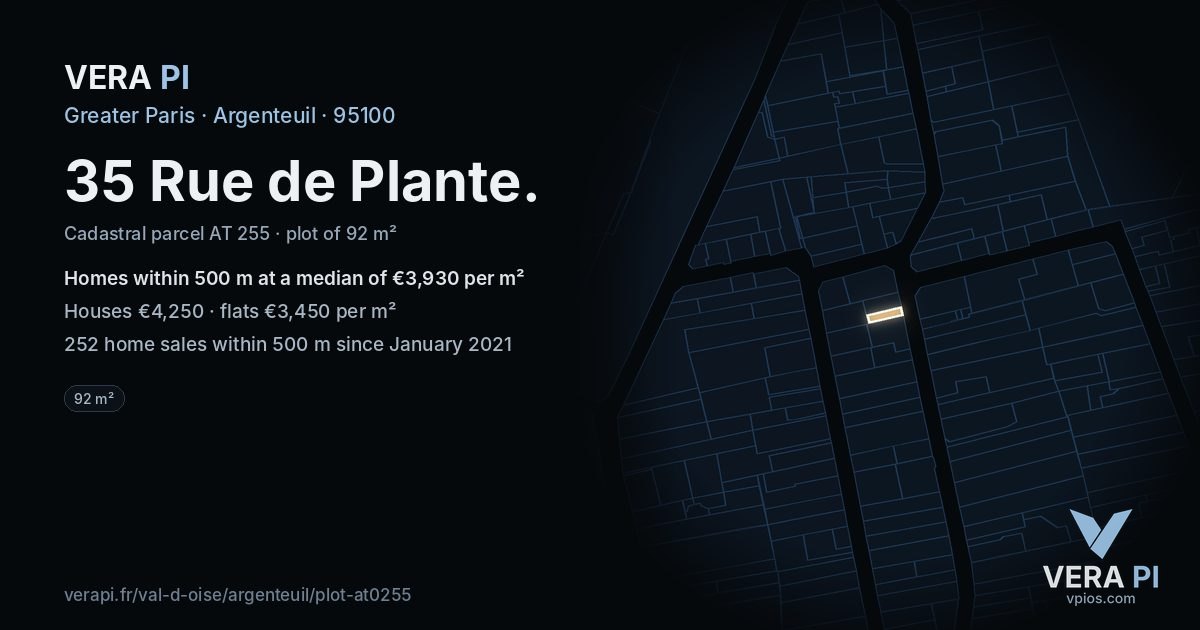 35 Rue de Plante, Argenteuil at night – the plot lit, the parcels around coloured by the prices near them