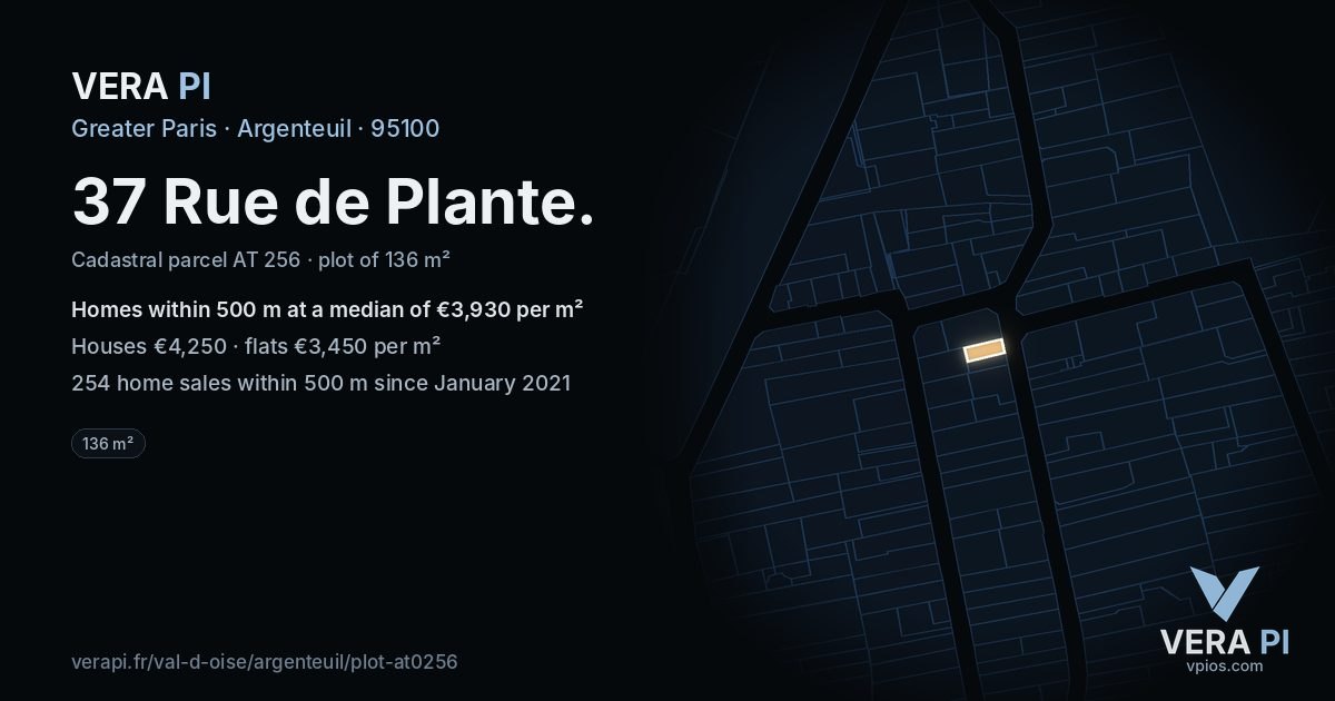 37 Rue de Plante, Argenteuil at night – the plot lit, the parcels around coloured by the prices near them