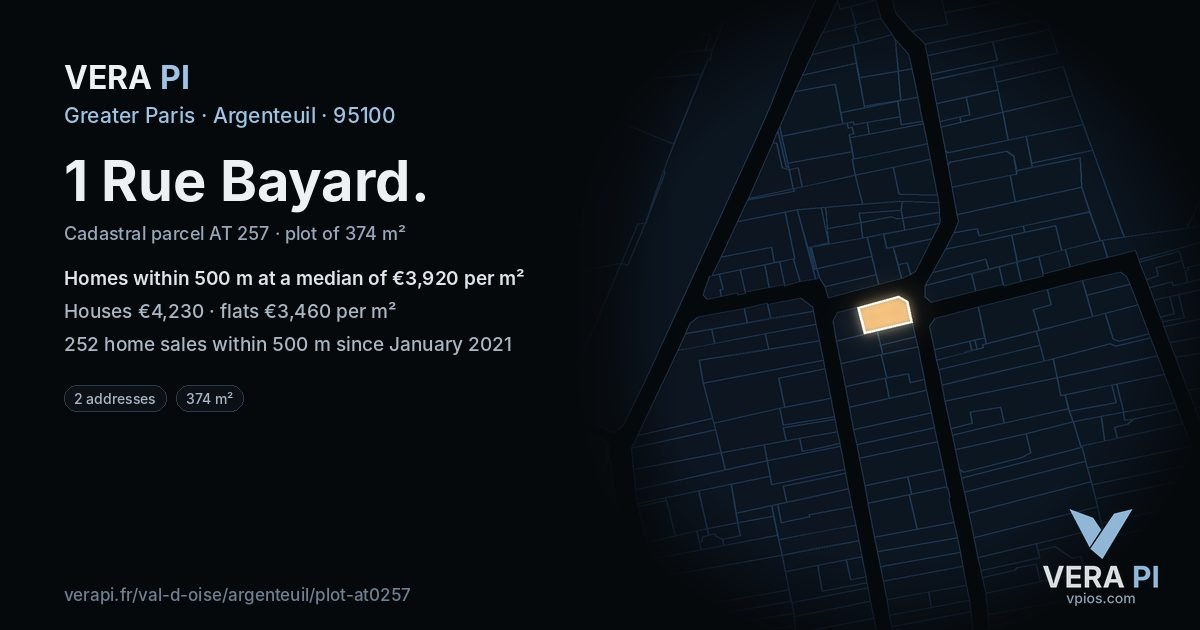 1 Rue Bayard, Argenteuil at night – the plot lit, the parcels around coloured by the prices near them