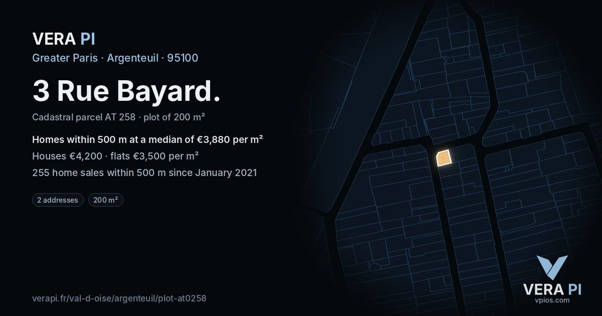 3 Rue Bayard, Argenteuil at night – the plot lit, the parcels around coloured by the prices near them