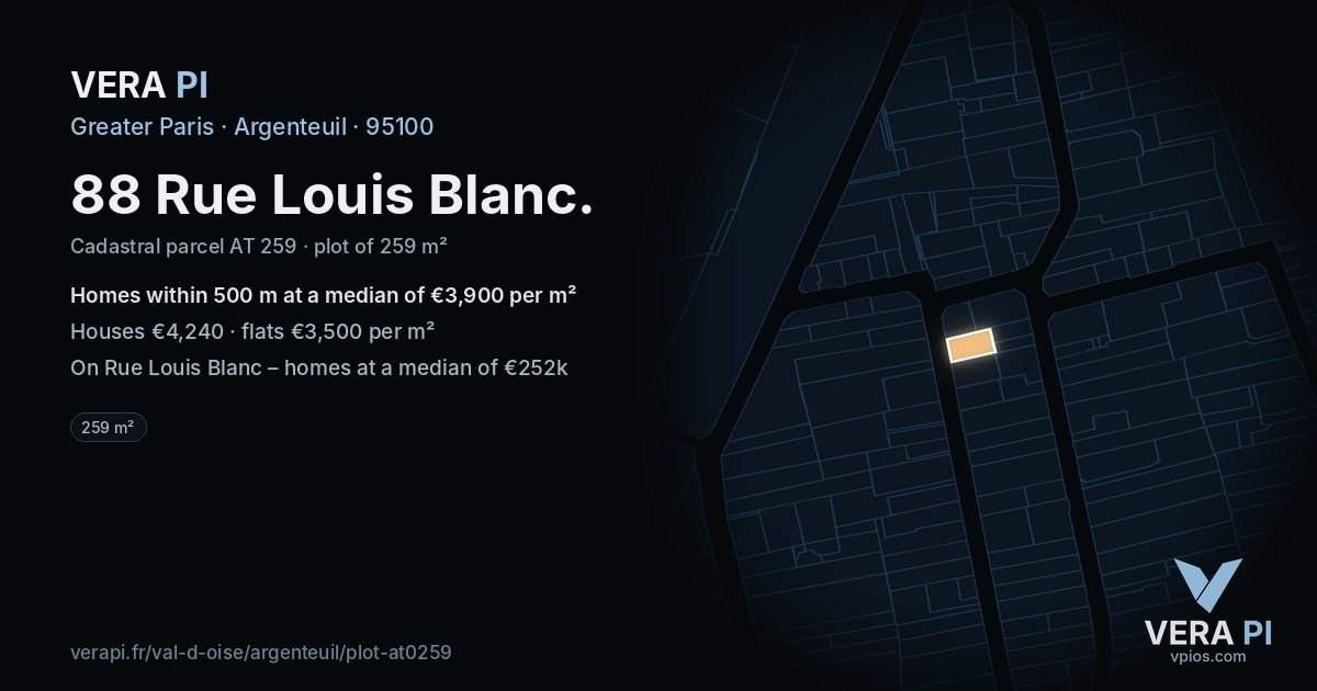 88 Rue Louis Blanc, Argenteuil at night – the plot lit, the parcels around coloured by the prices near them