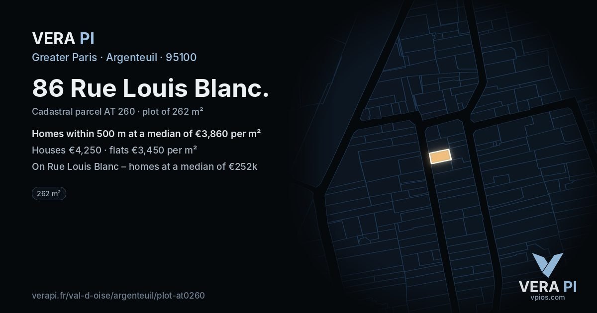 86 Rue Louis Blanc, Argenteuil at night – the plot lit, the parcels around coloured by the prices near them