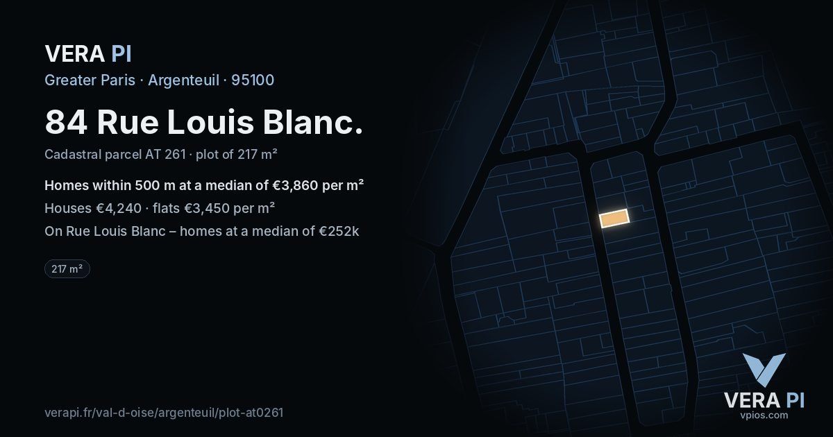 84 Rue Louis Blanc, Argenteuil at night – the plot lit, the parcels around coloured by the prices near them