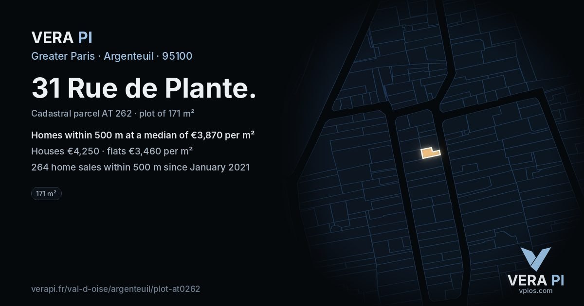 31 Rue de Plante, Argenteuil at night – the plot lit, the parcels around coloured by the prices near them
