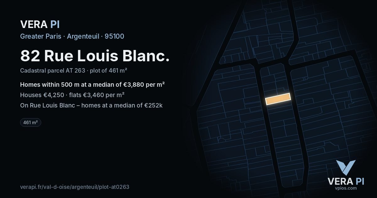 82 Rue Louis Blanc, Argenteuil at night – the plot lit, the parcels around coloured by the prices near them