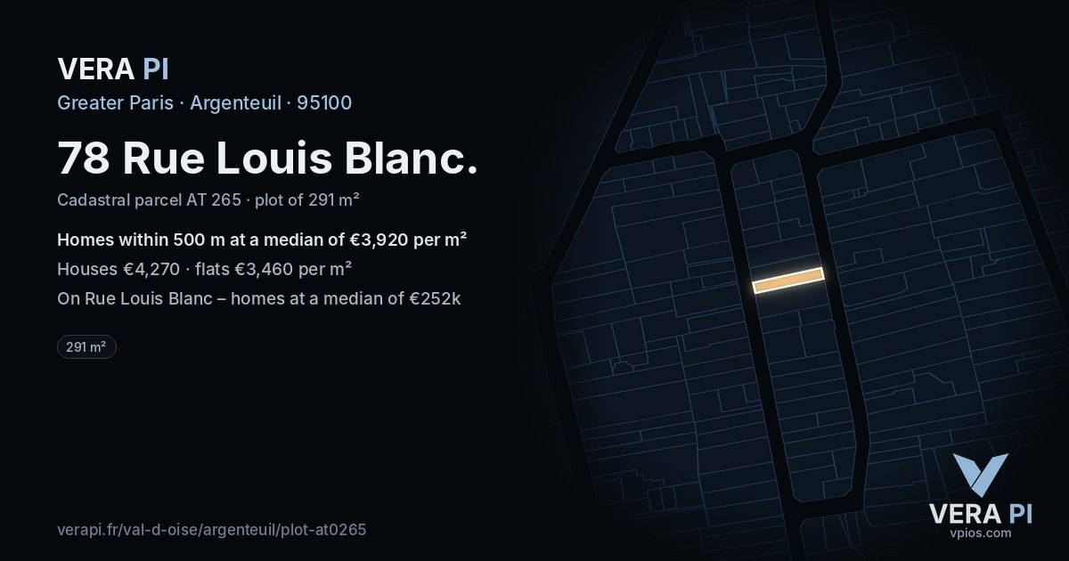 78 Rue Louis Blanc, Argenteuil at night – the plot lit, the parcels around coloured by the prices near them