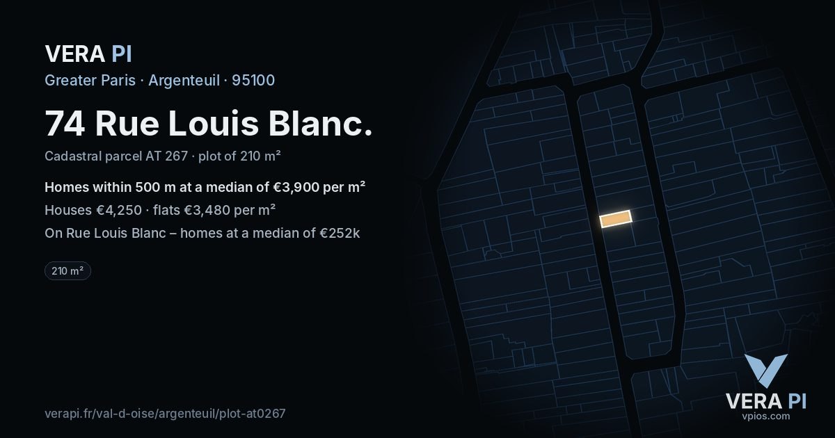 74 Rue Louis Blanc, Argenteuil at night – the plot lit, the parcels around coloured by the prices near them