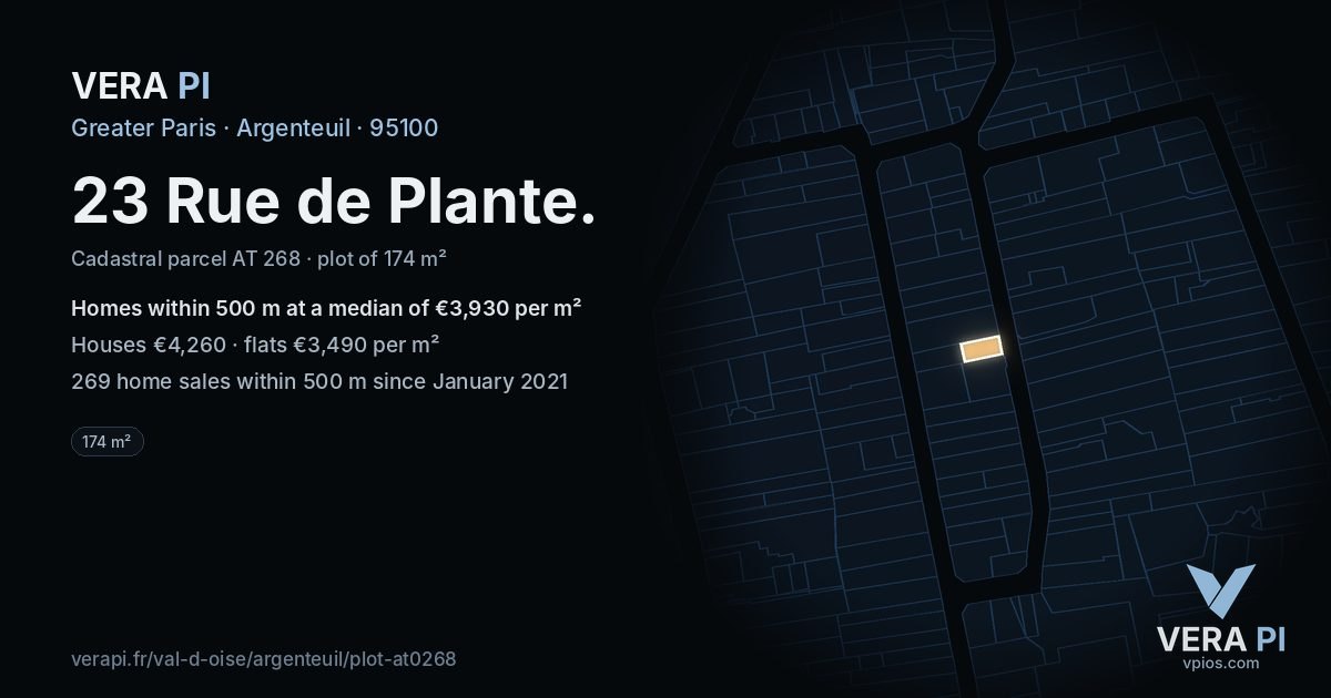 23 Rue de Plante, Argenteuil at night – the plot lit, the parcels around coloured by the prices near them