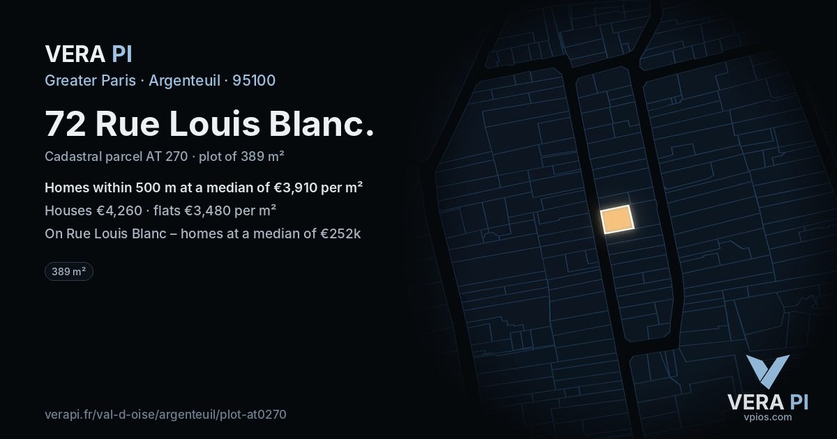 72 Rue Louis Blanc, Argenteuil at night – the plot lit, the parcels around coloured by the prices near them