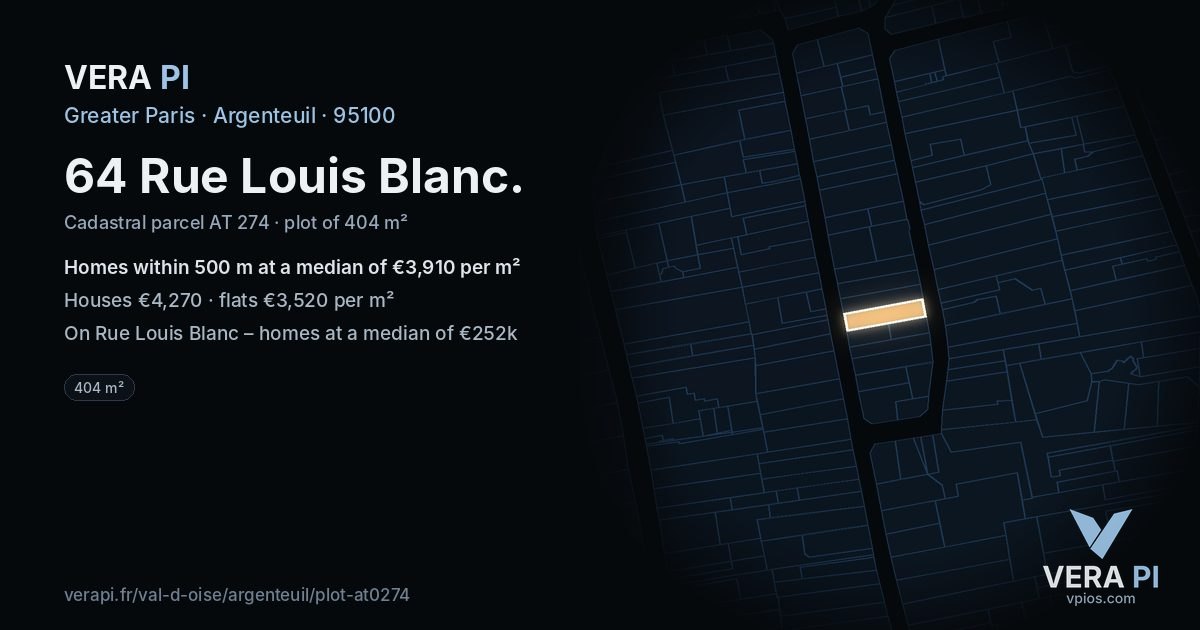 64 Rue Louis Blanc, Argenteuil at night – the plot lit, the parcels around coloured by the prices near them