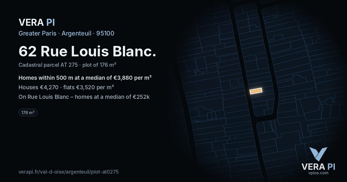 62 Rue Louis Blanc, Argenteuil at night – the plot lit, the parcels around coloured by the prices near them