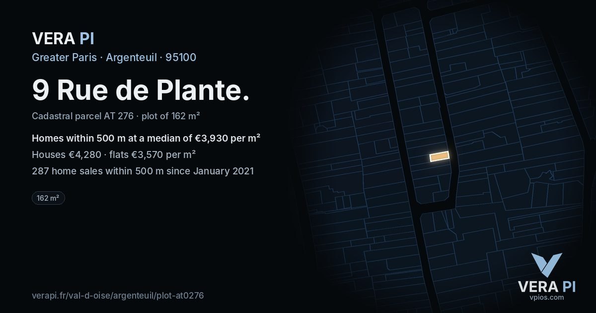 9 Rue de Plante, Argenteuil at night – the plot lit, the parcels around coloured by the prices near them