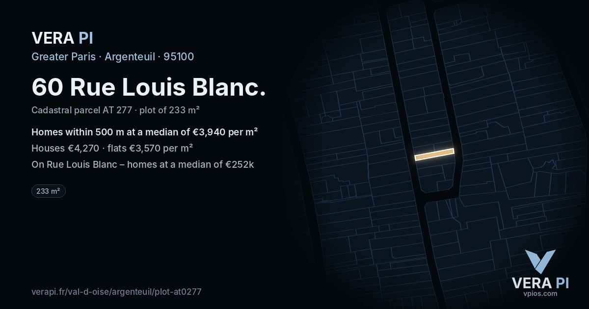 60 Rue Louis Blanc, Argenteuil at night – the plot lit, the parcels around coloured by the prices near them