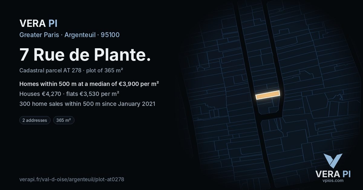 7 Rue de Plante, Argenteuil at night – the plot lit, the parcels around coloured by the prices near them