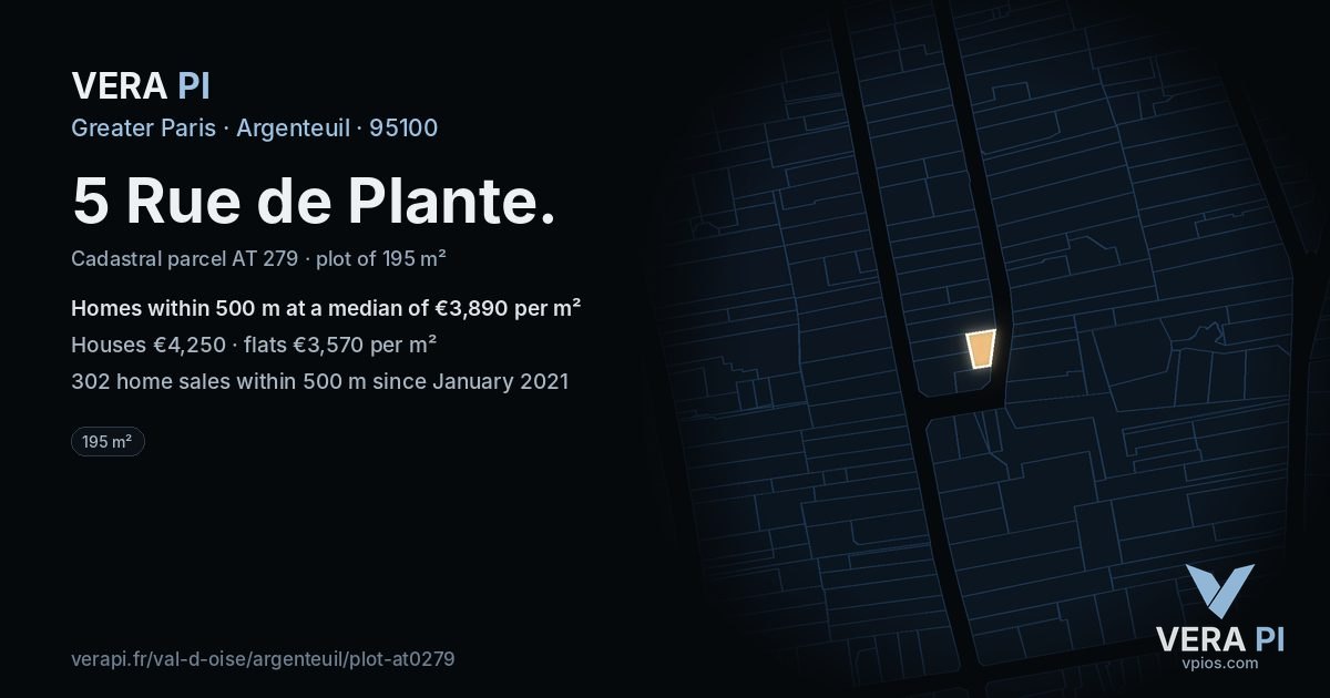 5 Rue de Plante, Argenteuil at night – the plot lit, the parcels around coloured by the prices near them