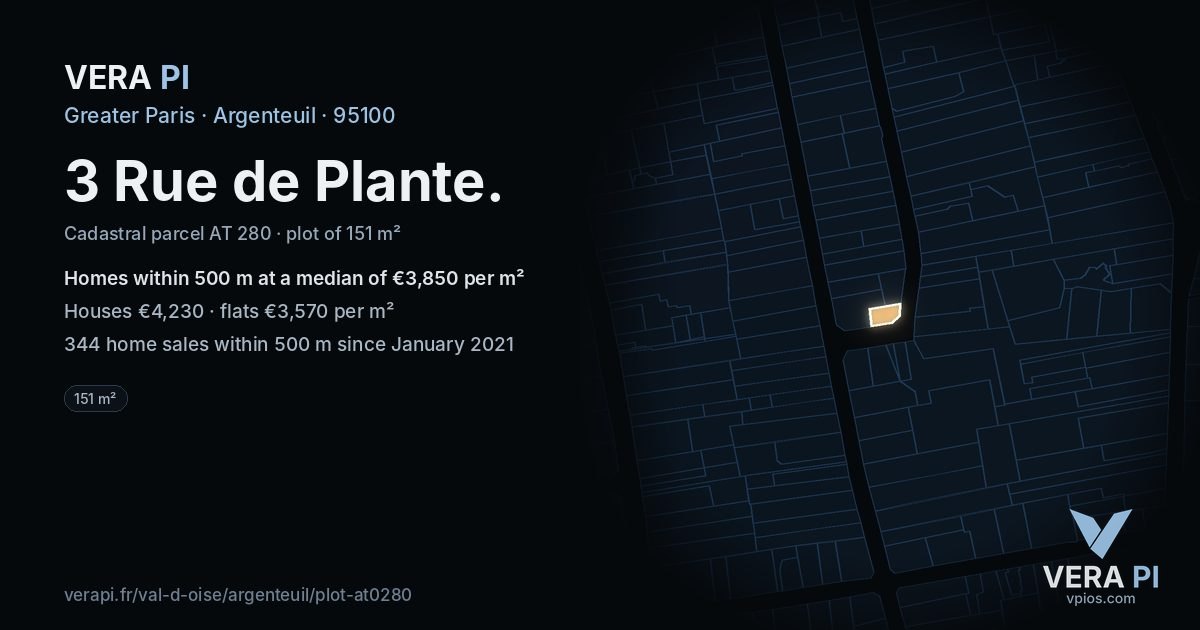 3 Rue de Plante, Argenteuil at night – the plot lit, the parcels around coloured by the prices near them