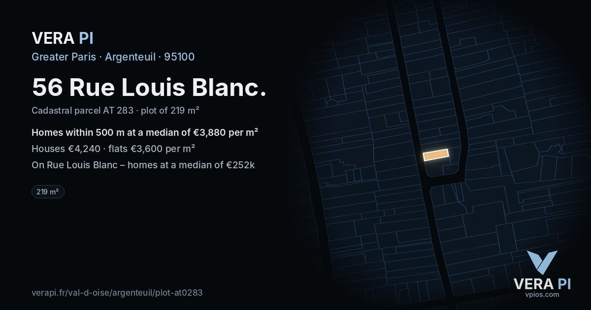 56 Rue Louis Blanc, Argenteuil at night – the plot lit, the parcels around coloured by the prices near them
