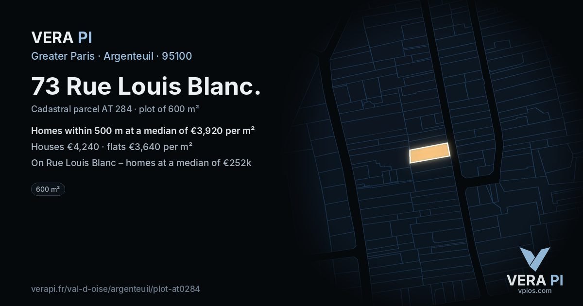 73 Rue Louis Blanc, Argenteuil at night – the plot lit, the parcels around coloured by the prices near them