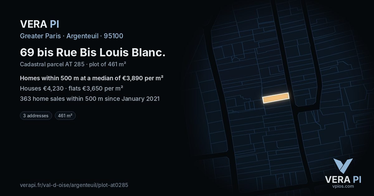 69 bis Rue Bis Louis Blanc, Argenteuil at night – the plot lit, the parcels around coloured by the prices near them