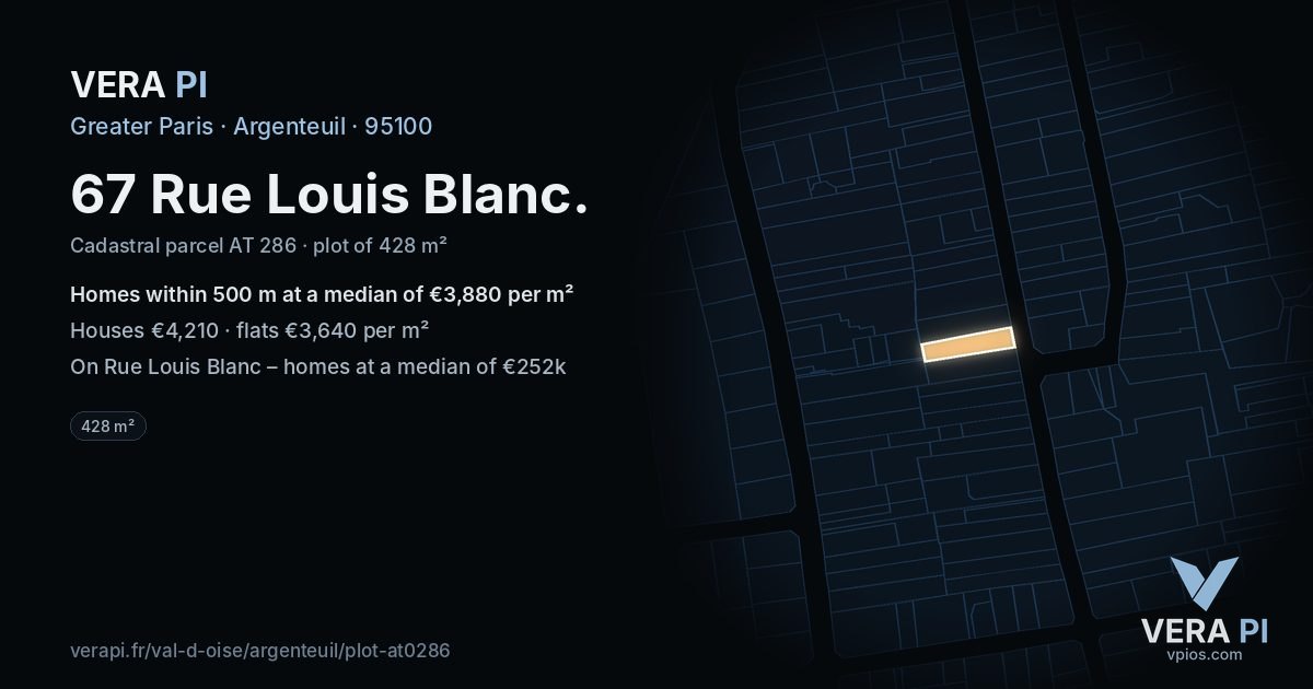 67 Rue Louis Blanc, Argenteuil at night – the plot lit, the parcels around coloured by the prices near them