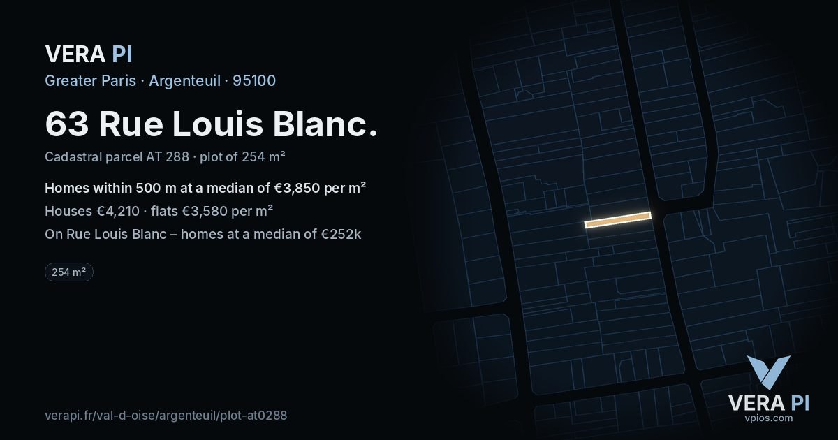 63 Rue Louis Blanc, Argenteuil at night – the plot lit, the parcels around coloured by the prices near them