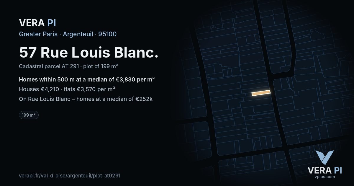 57 Rue Louis Blanc, Argenteuil at night – the plot lit, the parcels around coloured by the prices near them