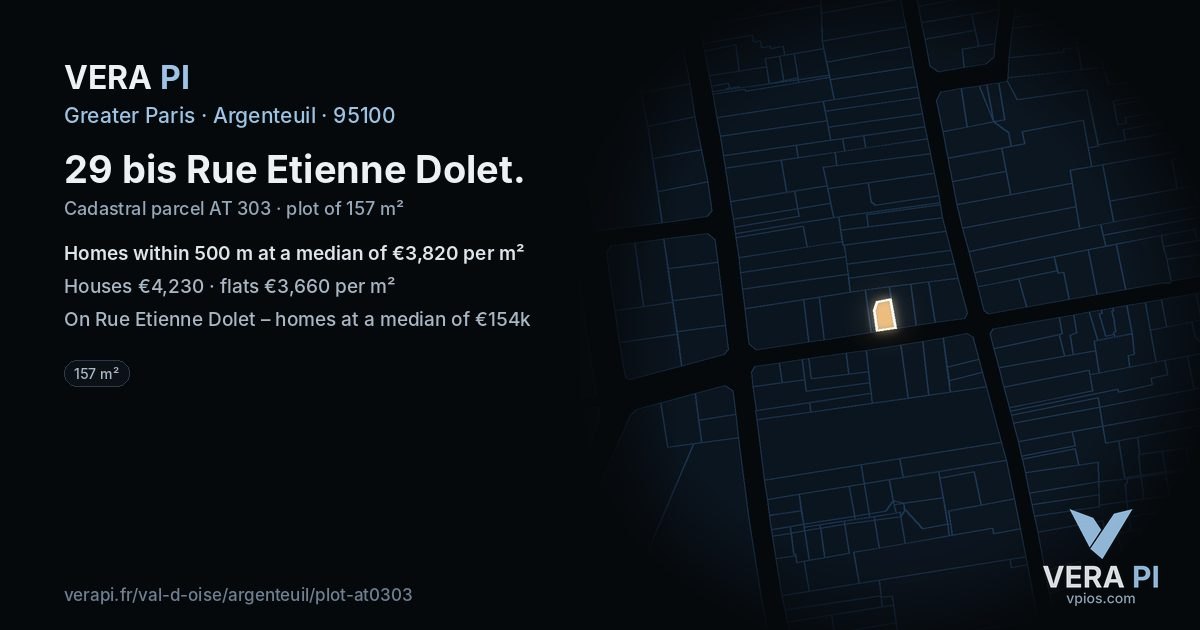 29 bis Rue Etienne Dolet, Argenteuil at night – the plot lit, the parcels around coloured by the prices near them