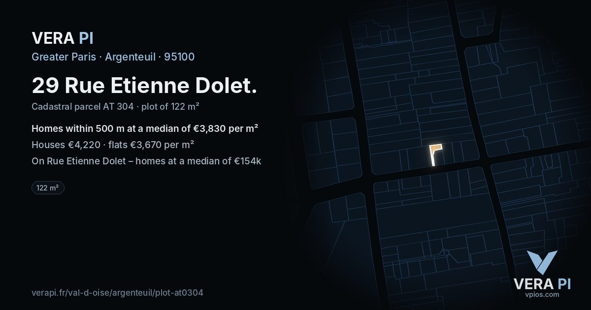 29 Rue Etienne Dolet, Argenteuil at night – the plot lit, the parcels around coloured by the prices near them