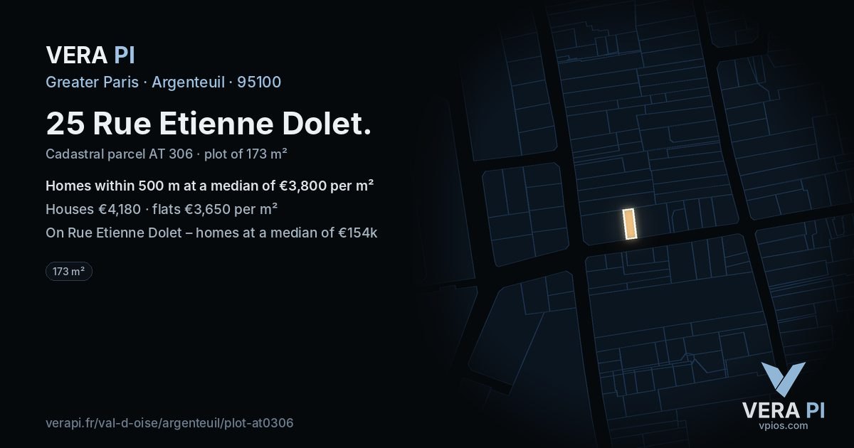 25 Rue Etienne Dolet, Argenteuil at night – the plot lit, the parcels around coloured by the prices near them