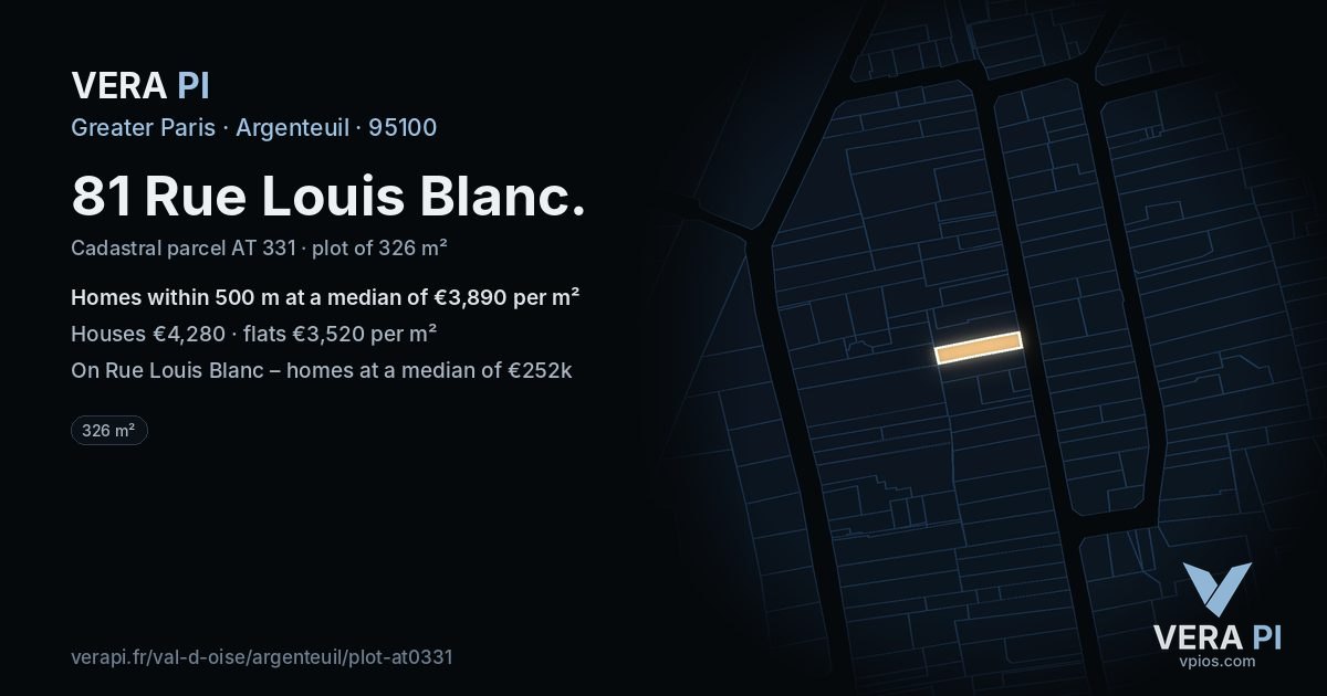 81 Rue Louis Blanc, Argenteuil at night – the plot lit, the parcels around coloured by the prices near them