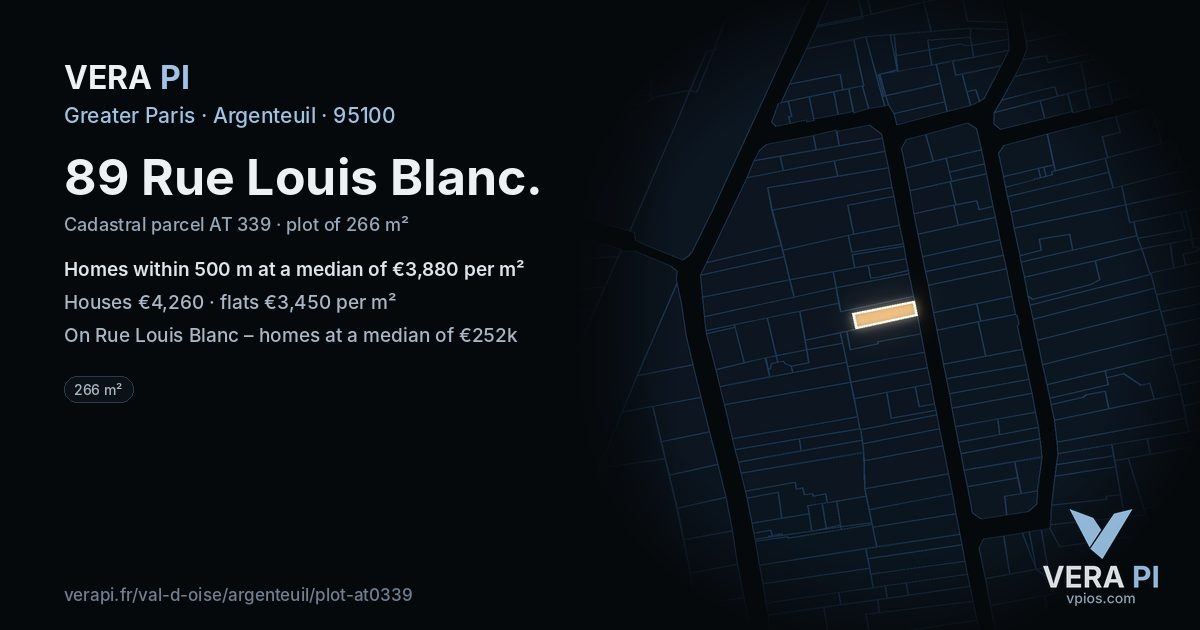 89 Rue Louis Blanc, Argenteuil at night – the plot lit, the parcels around coloured by the prices near them