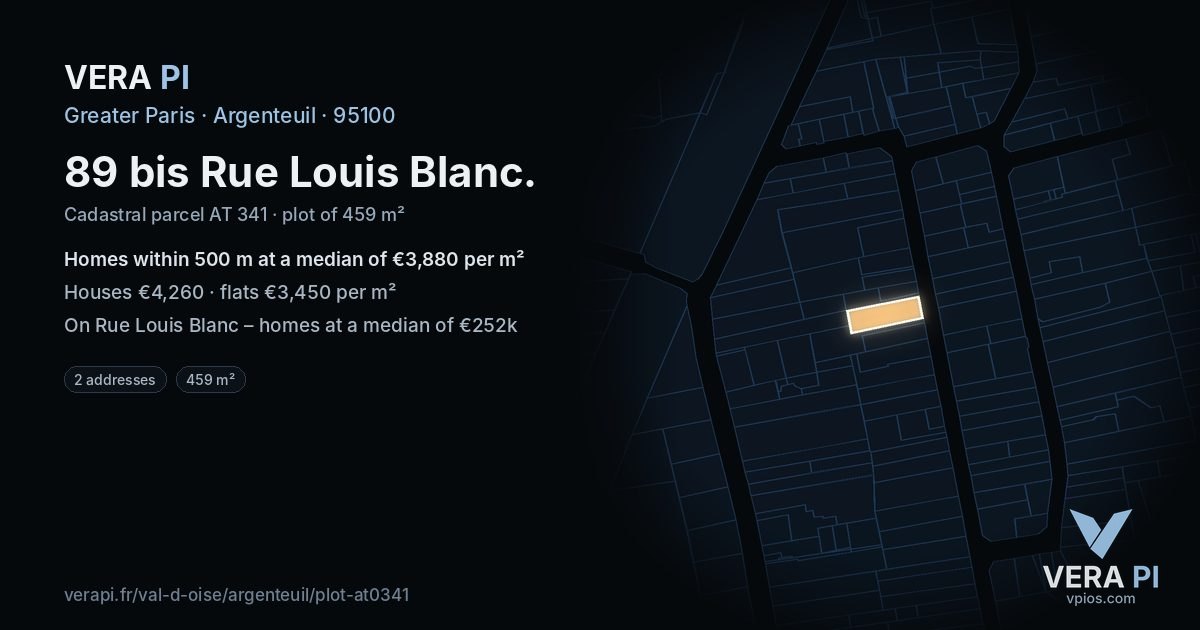 89 bis Rue Louis Blanc, Argenteuil at night – the plot lit, the parcels around coloured by the prices near them
