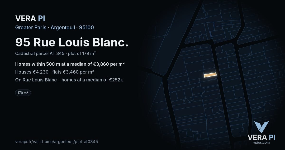 95 Rue Louis Blanc, Argenteuil at night – the plot lit, the parcels around coloured by the prices near them
