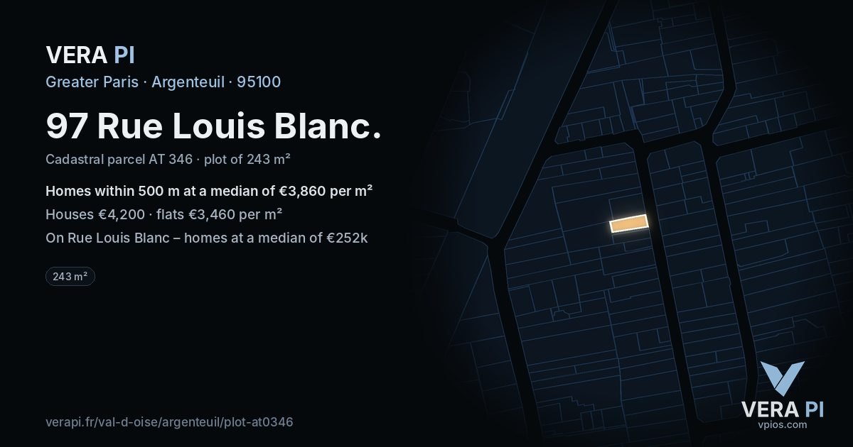 97 Rue Louis Blanc, Argenteuil at night – the plot lit, the parcels around coloured by the prices near them
