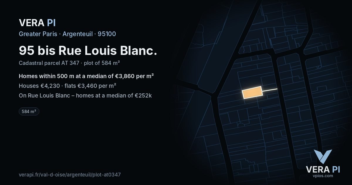 95 bis Rue Louis Blanc, Argenteuil at night – the plot lit, the parcels around coloured by the prices near them