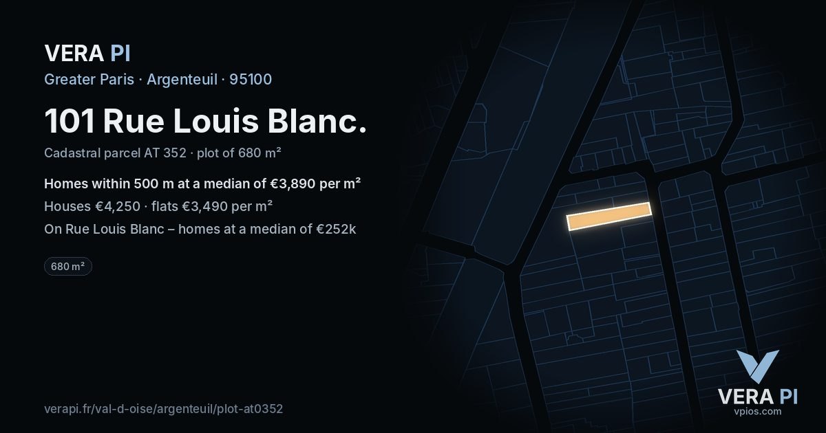 101 Rue Louis Blanc, Argenteuil at night – the plot lit, the parcels around coloured by the prices near them