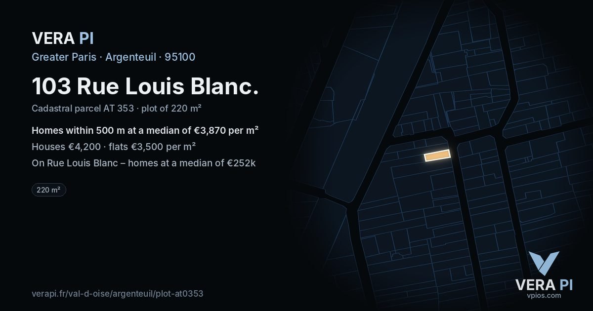 103 Rue Louis Blanc, Argenteuil at night – the plot lit, the parcels around coloured by the prices near them