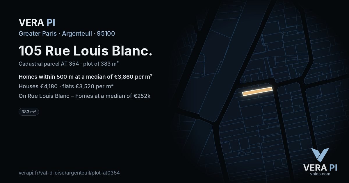 105 Rue Louis Blanc, Argenteuil at night – the plot lit, the parcels around coloured by the prices near them