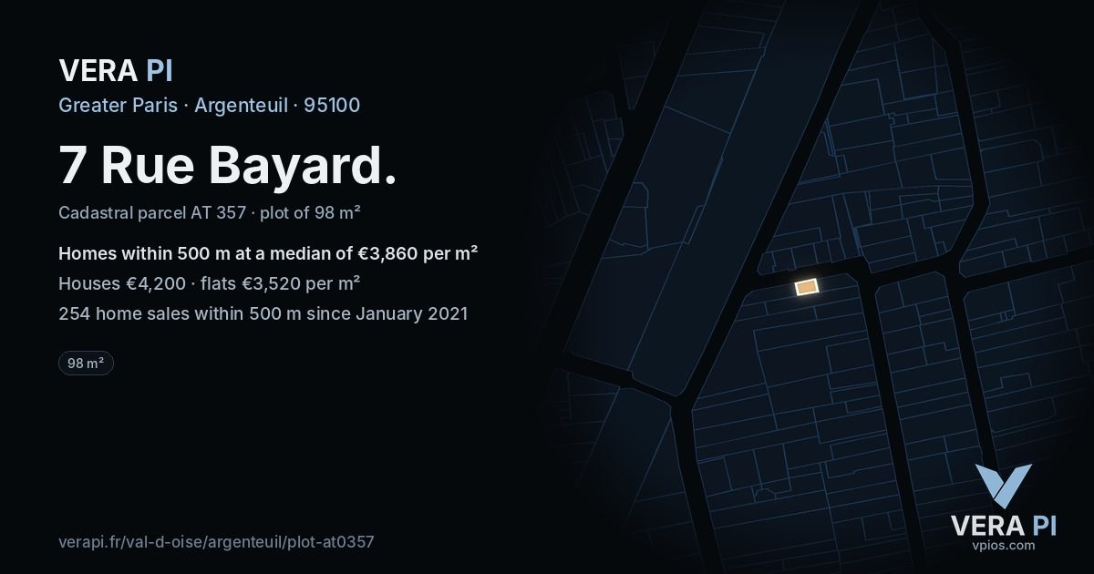 7 Rue Bayard, Argenteuil at night – the plot lit, the parcels around coloured by the prices near them