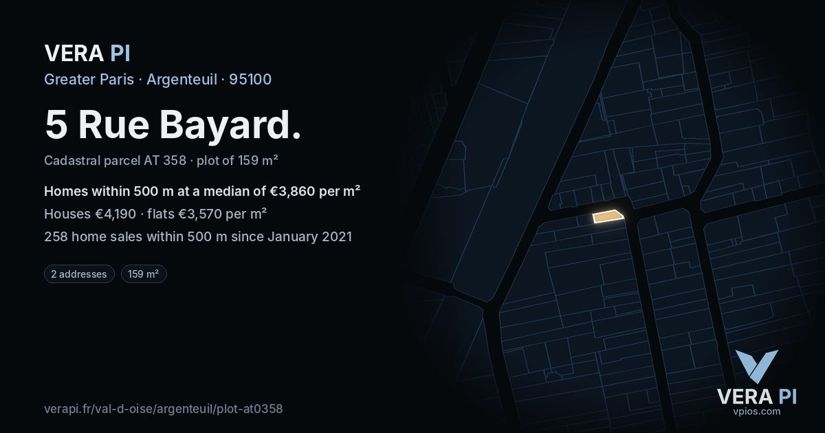 5 Rue Bayard, Argenteuil at night – the plot lit, the parcels around coloured by the prices near them
