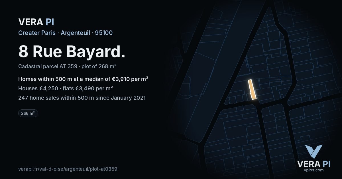 8 Rue Bayard, Argenteuil at night – the plot lit, the parcels around coloured by the prices near them