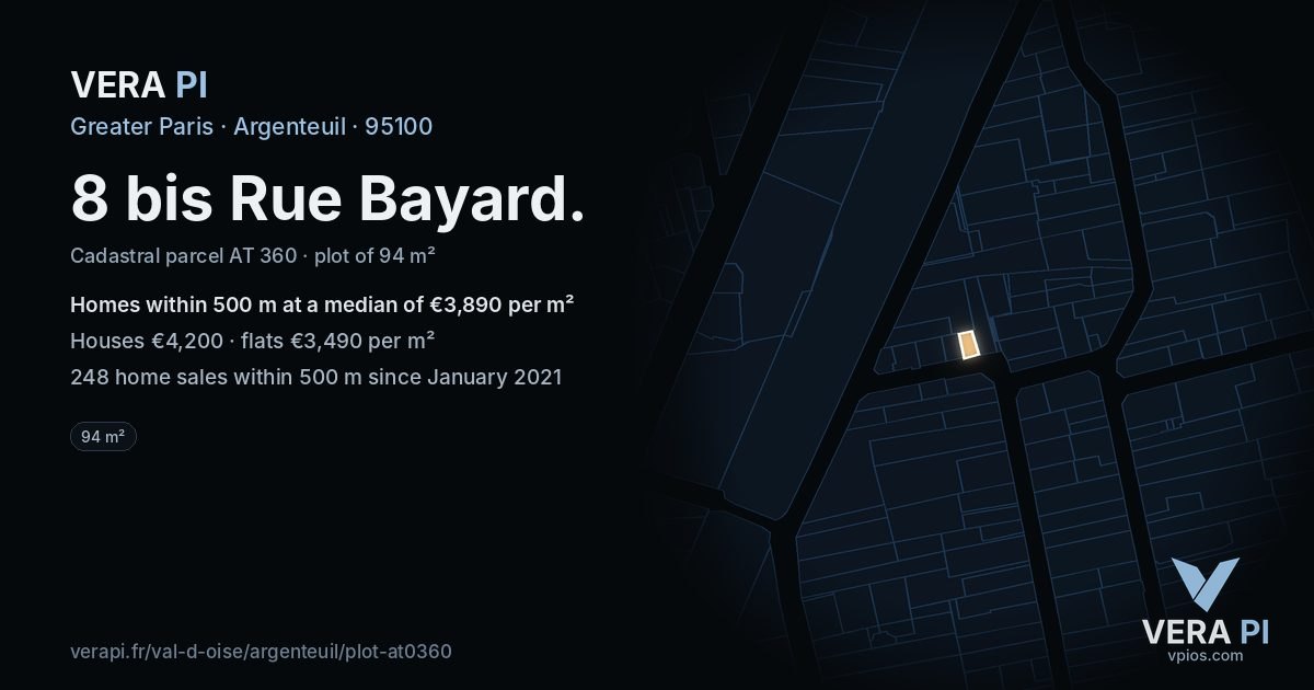8 bis Rue Bayard, Argenteuil at night – the plot lit, the parcels around coloured by the prices near them